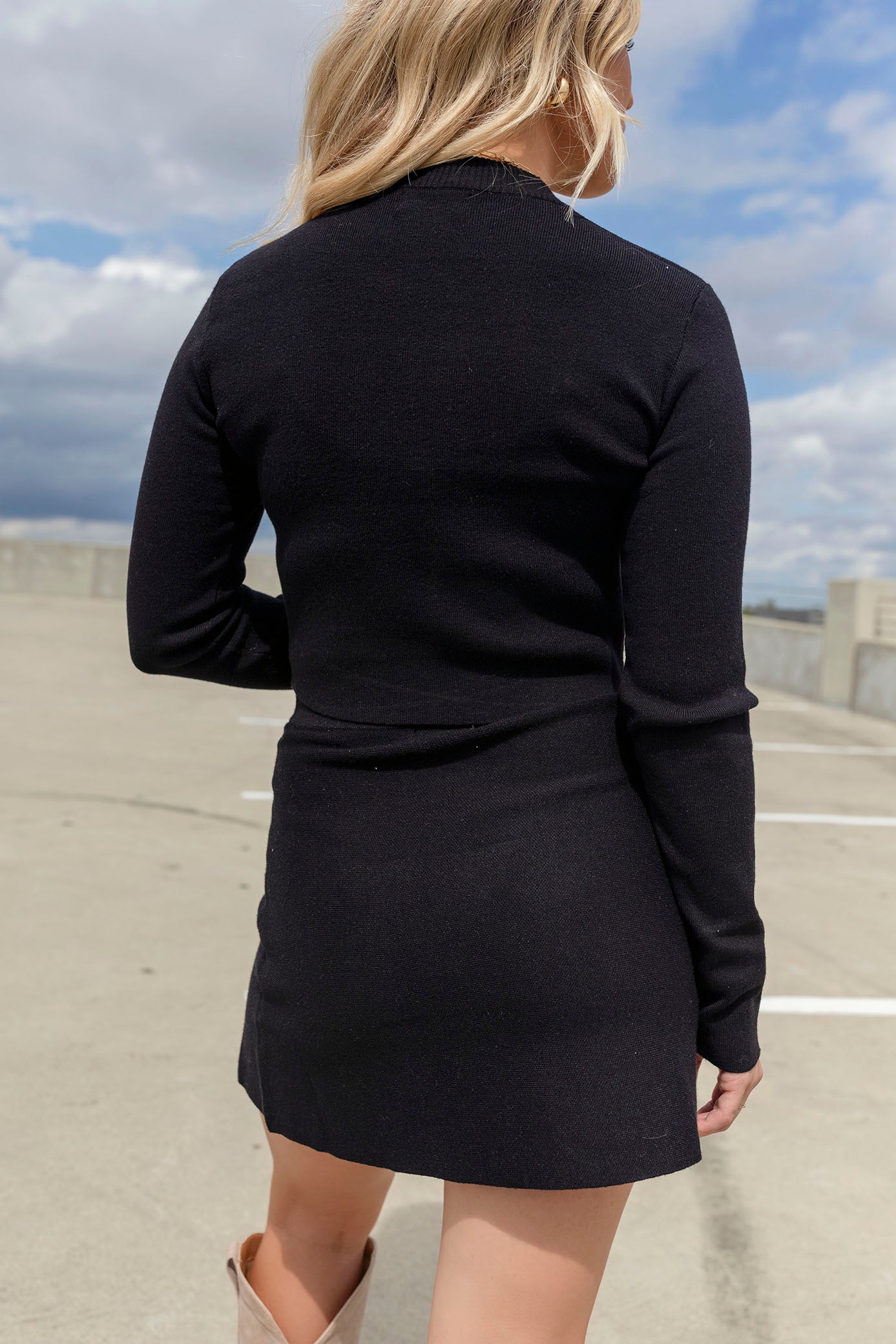 (Small, Medium, Large)Black Sweater Crop Top/Skirt Set