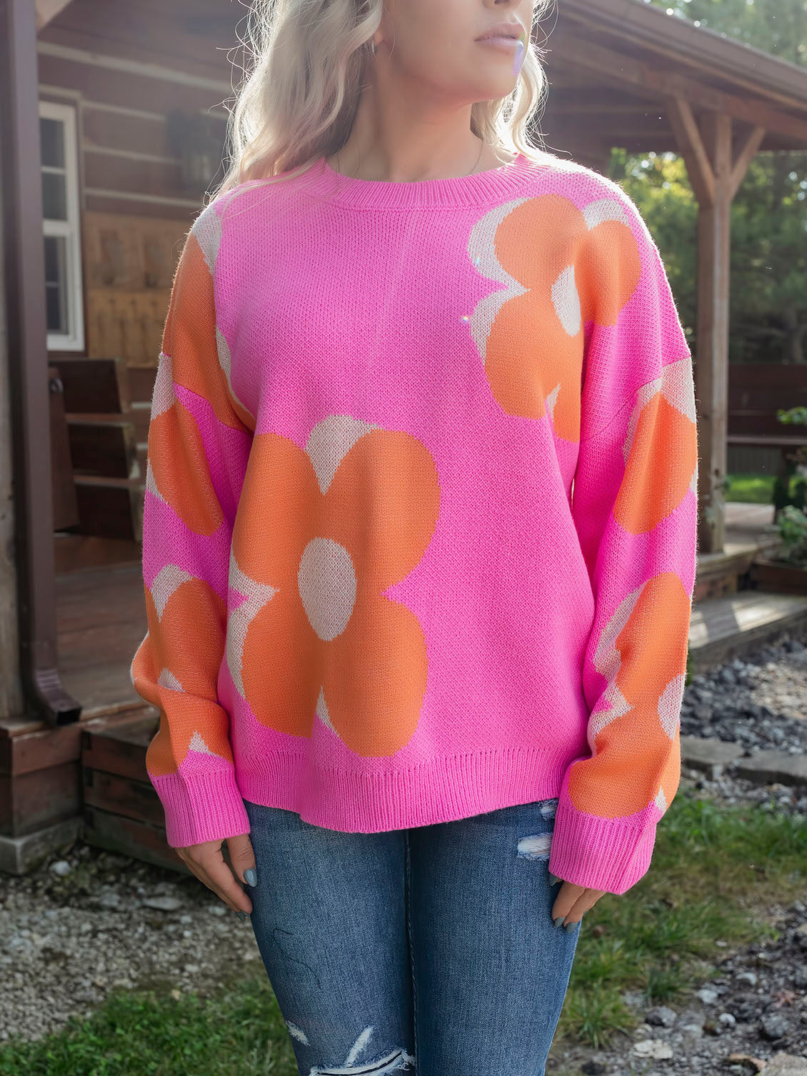 Pink/Orange Floral Print Sweater