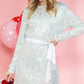 Silvery Sequin Long Sleeve Tie Waist Mini Dress