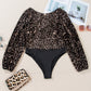 Black Sequin Deep V Back Puff Sleeve Bodysuit