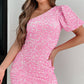 Pink Sequin One Shoulder Puff Sleeve Bodycon Mini Dress