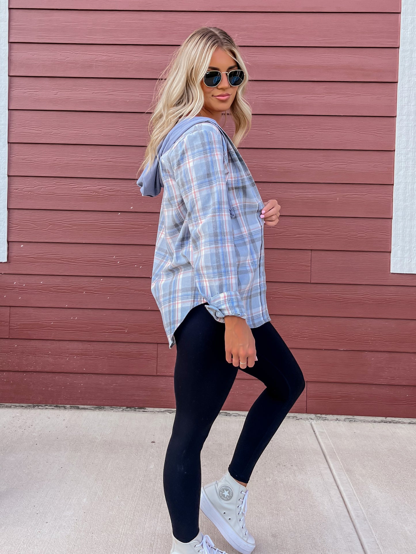 Dusty Blue Plaid Hooded Flannel