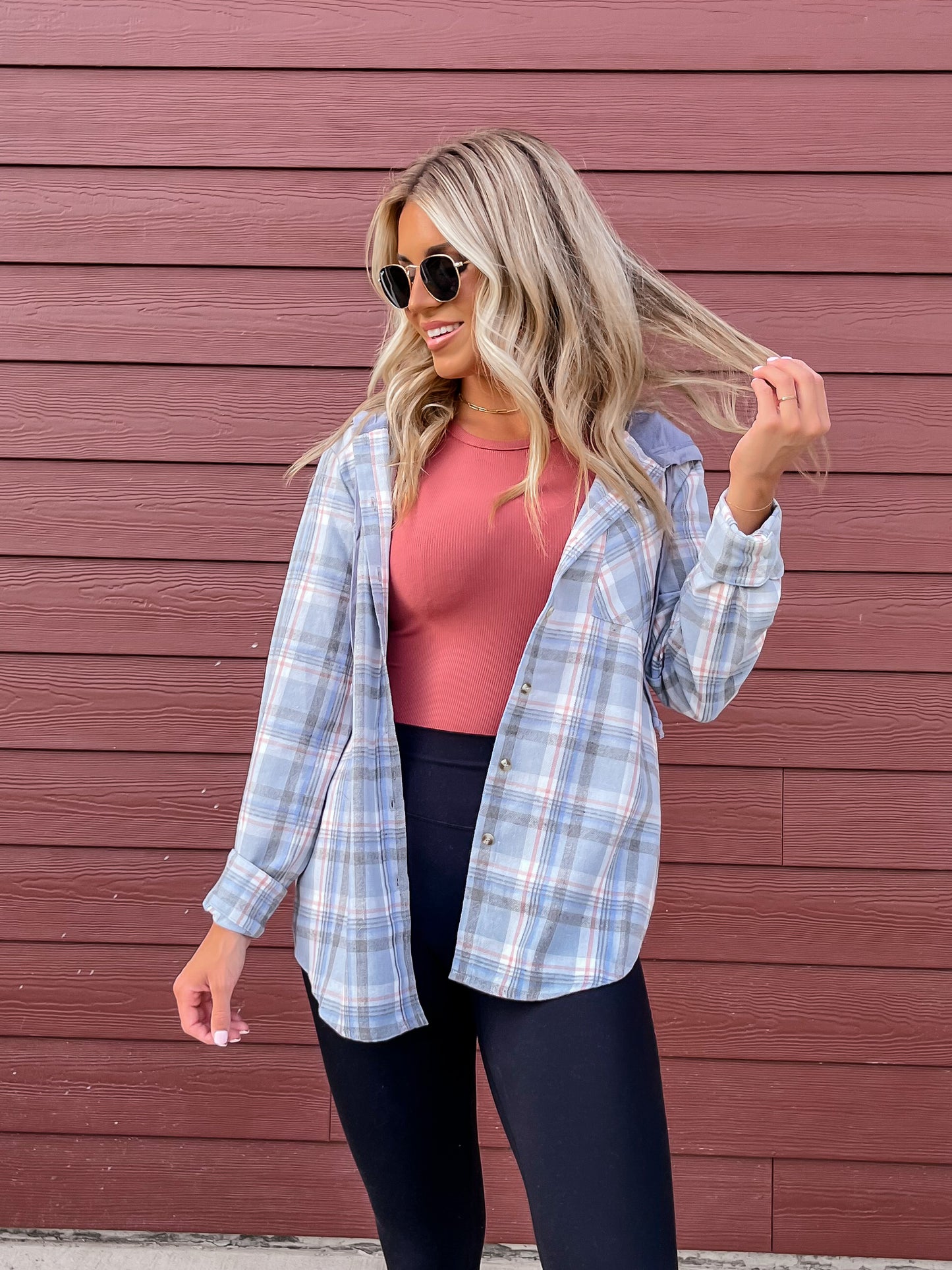 Dusty Blue Plaid Hooded Flannel