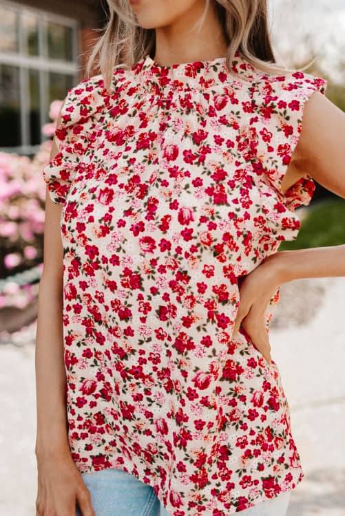 Red Floral Sleeveless Blouse