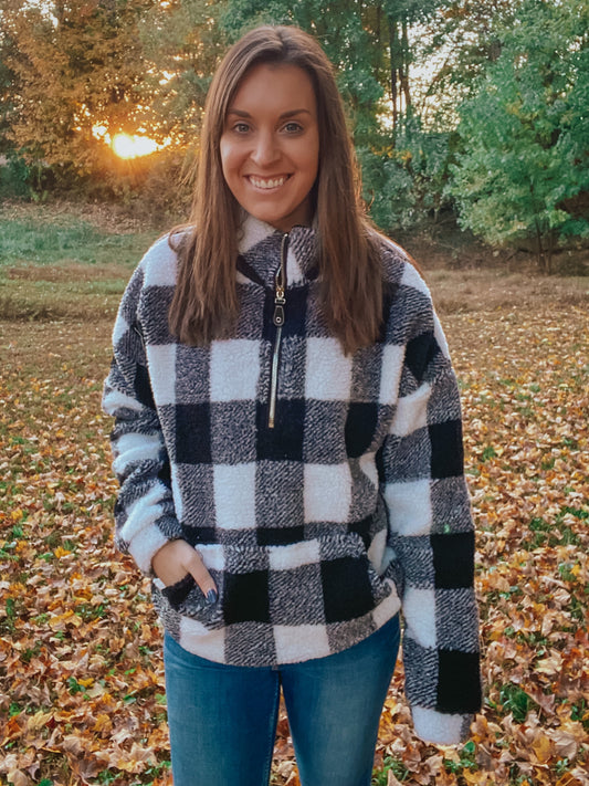 (Size Small)Black Plaid Sherpa Pullover