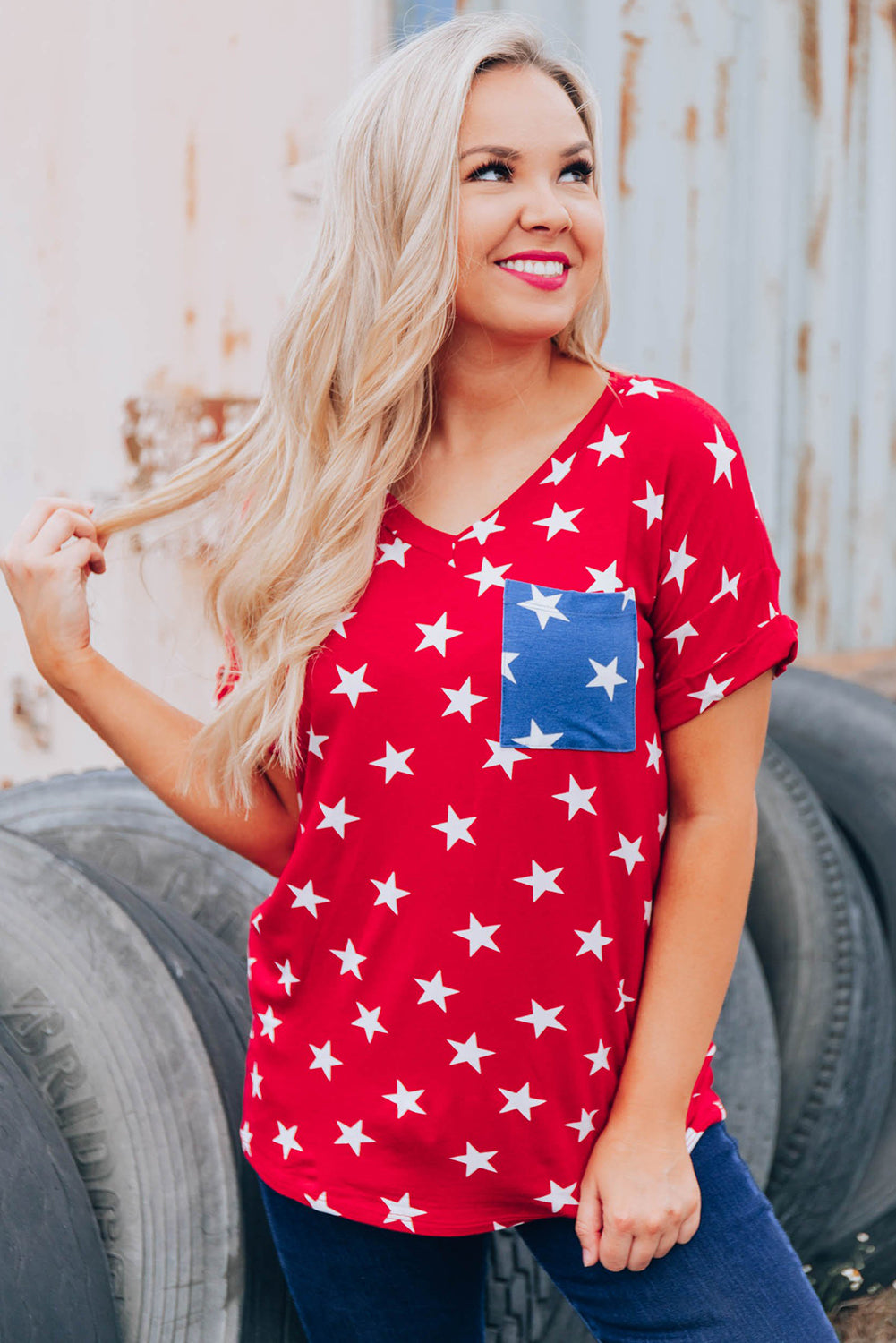 Red Star Print Top