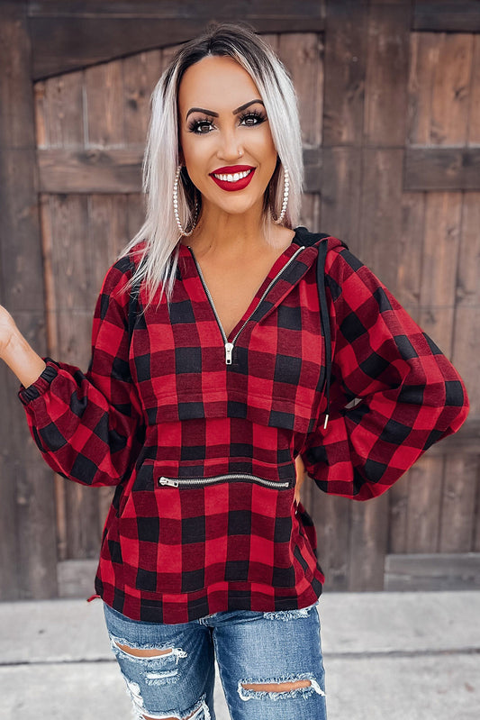 (Size Small)Red Buffalo Plaid Zip Up Pullover