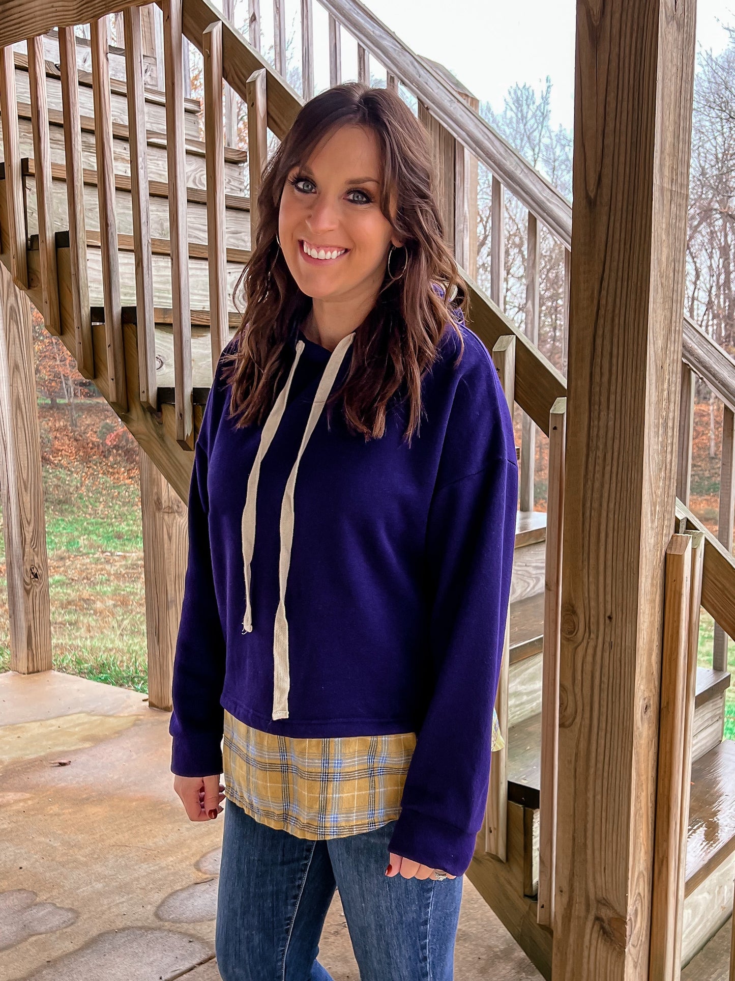 (Size Medium)Purple/Mustard Plaid Sweatshirt