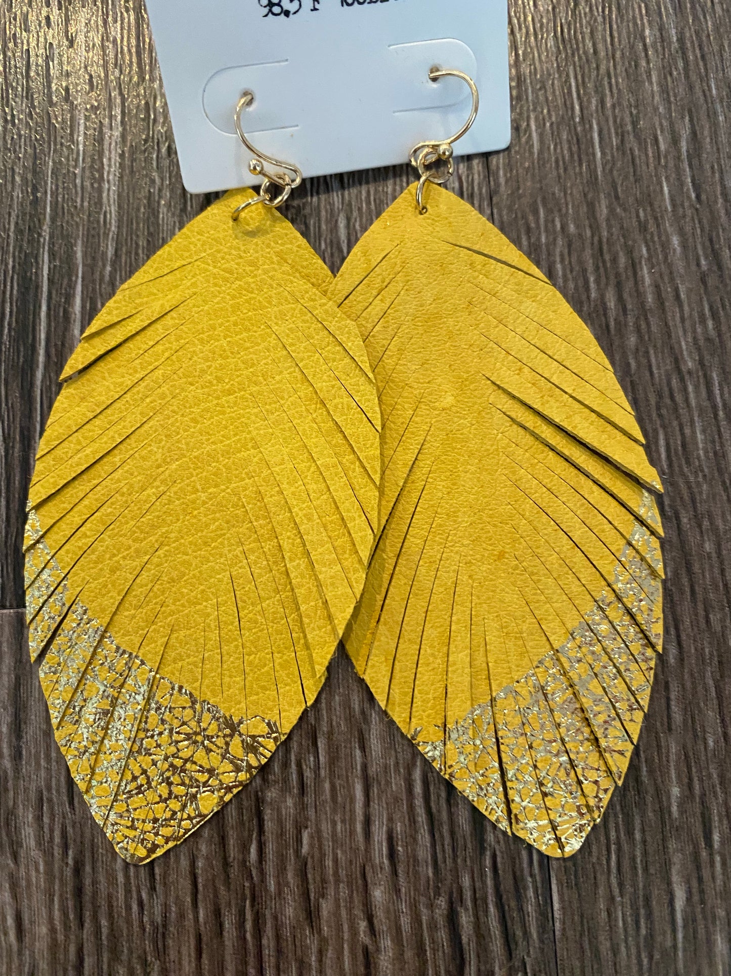 Mustard Faux Leather Gold Feather Earrings