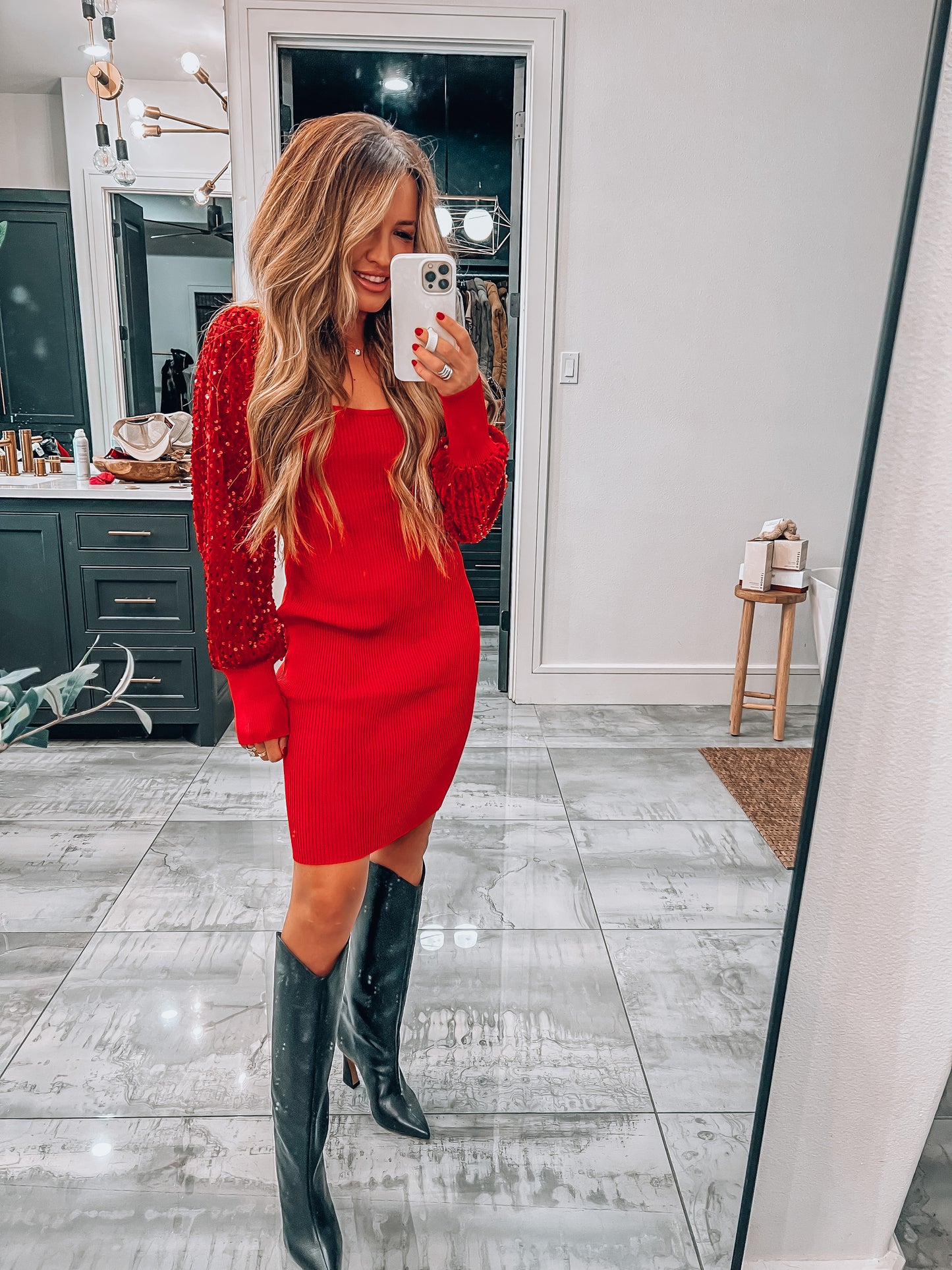 Red Sequin Long Sleeve Bodycon Dress