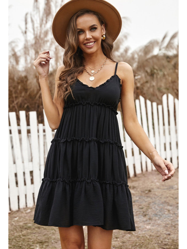 Black Spaghetti Strap Ruffled Dress