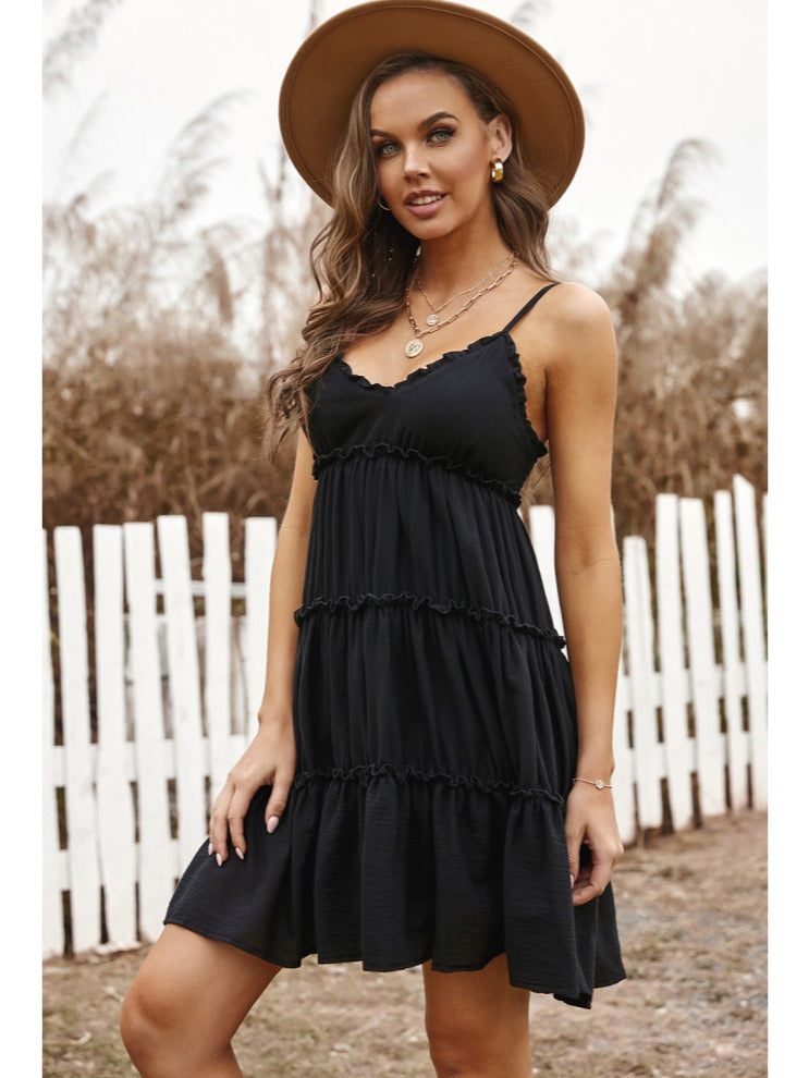 Black Spaghetti Strap Ruffled Dress