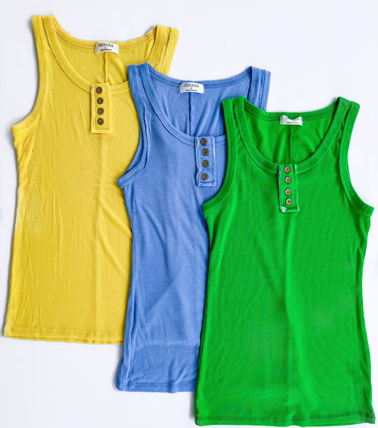 Stretchy Ribbed Button Tank Top