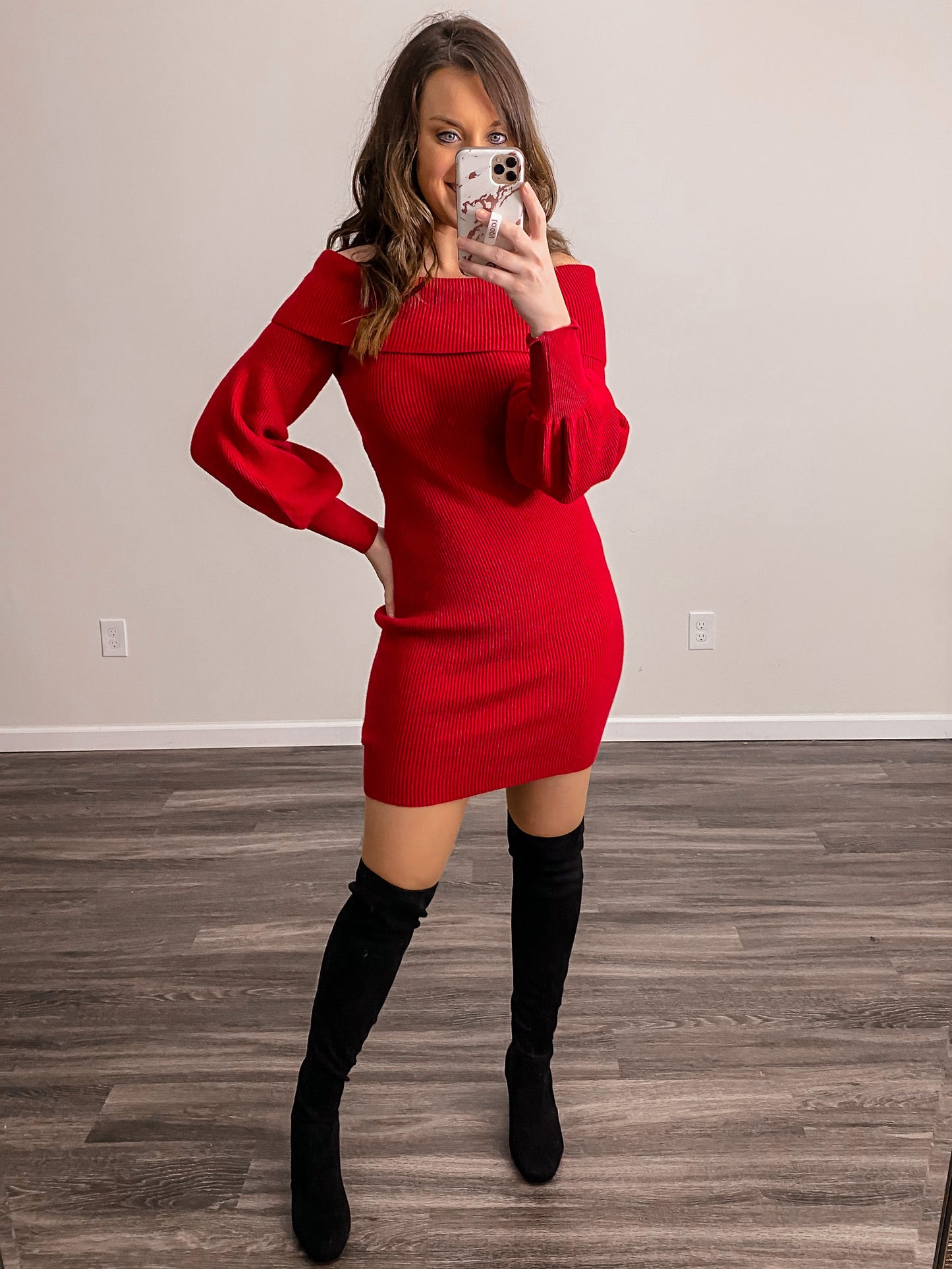 Red Off The Shoulder Sweater Midi Dress