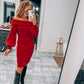 (Size Large)Red Off The Shoulder Sweater Midi Dress
